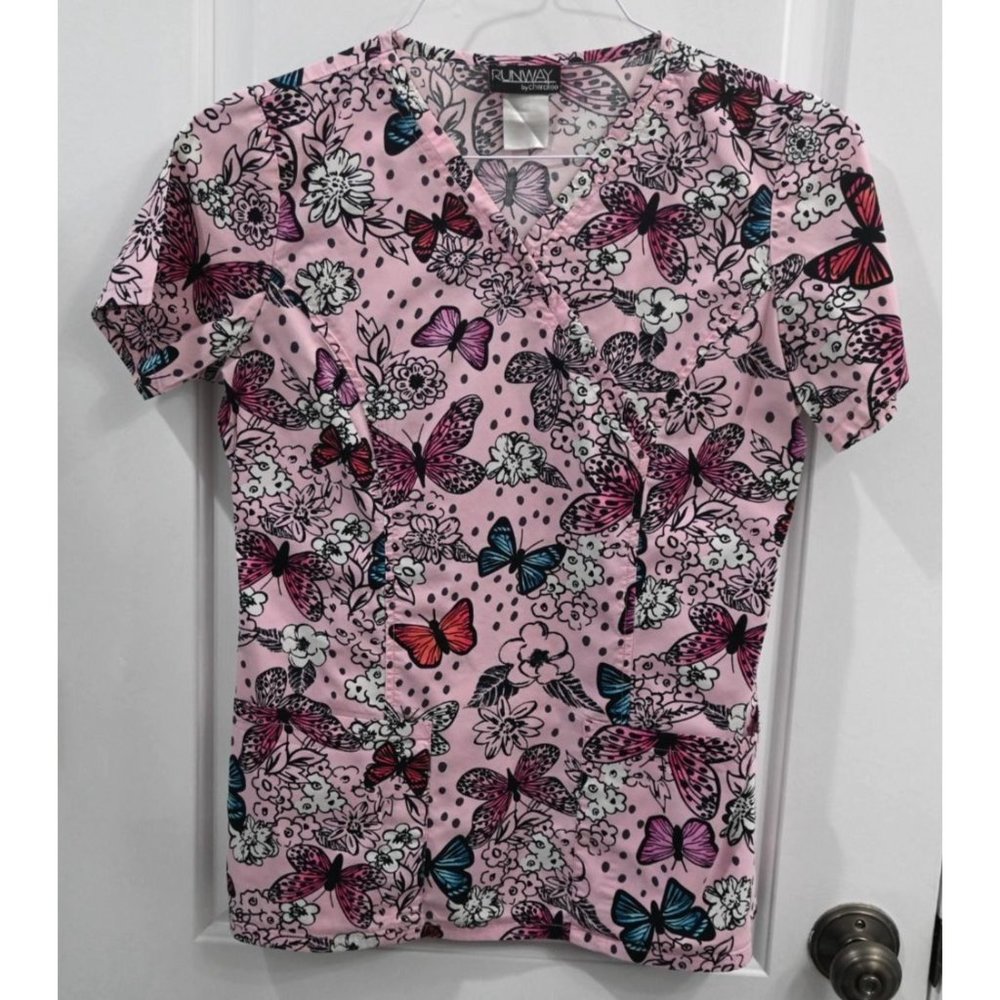 Runway Womens Scrub Top Pink with Butterfly Design Size XS